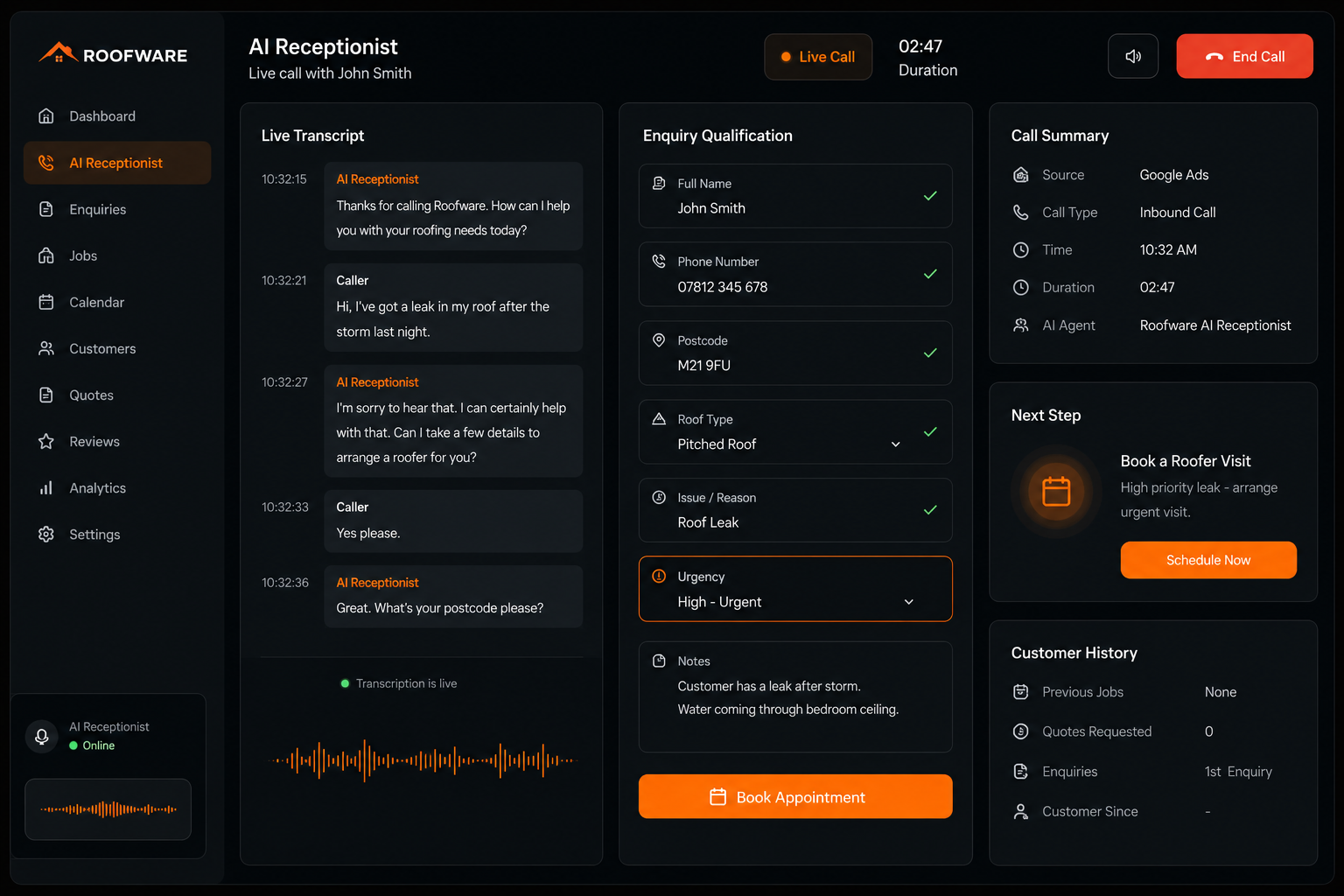 AI receptionist dashboard with live call transcript, enquiry qualification, and booking next step
