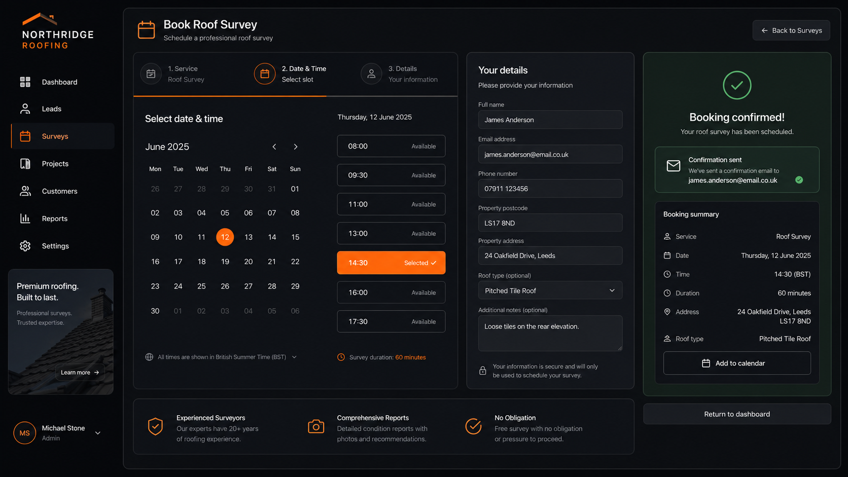 Roof survey booking dashboard with calendar, customer details, and confirmation panel