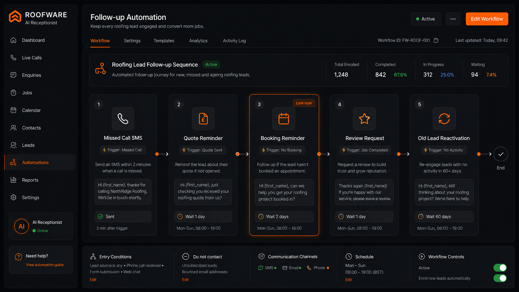 Follow-up automation workflow for missed calls, quote reminders, booking reminders, and review requests